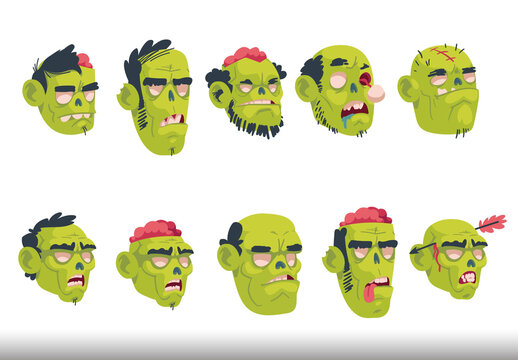Green And Red Cartoon Zombie Faces Illustration Set