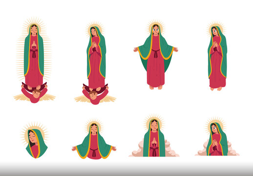 Green And Red Religious Virgin Guadalupe Illustration Set