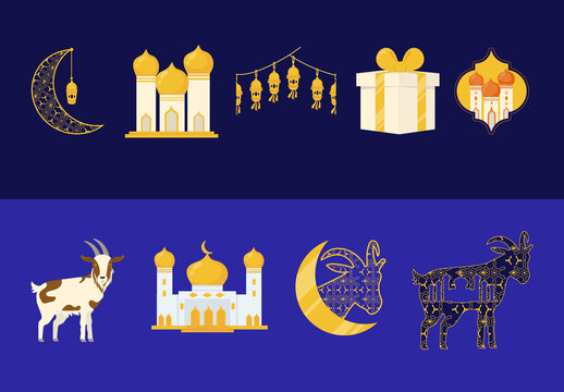 Yellow And Blue Islamic Idul Adha Celebration Illustration Set
