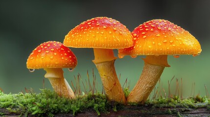 Three mushrooms grow on a moss-covered log in a vibrant forest, enhanced by a soft bokeh effect and rich greenery in the background