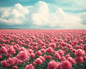 A vast field filled with pink blooming flowers under a blue sky