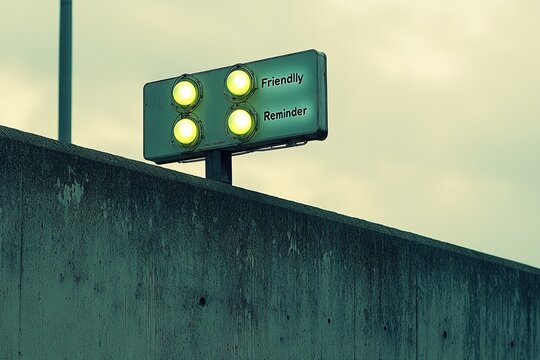 A road - overhead traffic sign displaying "Friendly Reminder" with four lit yellow lights, emphasizing public reminders and road safety, suitable for traffic management, public service announcements, 