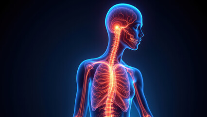 VNS, Vagus Nerve Stimulation shown through an MRI scan of a human head with highlighted brain and nerve pathways.