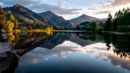Obraz premium Golden dusk reflected in the calm waters of a mountain lake.
