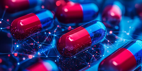 Red and blue capsules surrounded by glowing digital network, advanced pharmaceutical design, 3D rendering of capsules with molecular network and digital healthcare
