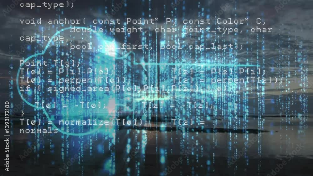 Poster digital code and data processing animation over abstract blue light patterns