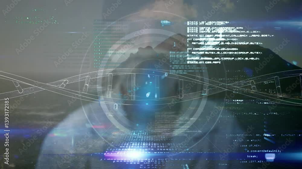 Poster coding and data processing in animation over futuristic cityscape backdrop