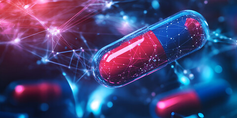 Red and blue capsule floating in a digital network, symbolizing advanced medical technology and futuristic drug research
