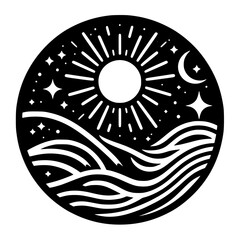 Celestial Circle: Sun, Moon, Stars, and Waves - Black and White Vector