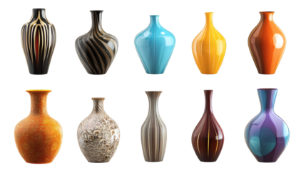 Set of various beautiful decorative designer vases isolated on white background