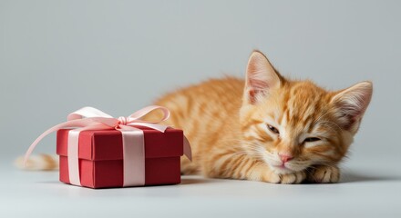 Ginger Kitten and Gift Box - Adorable ginger kitten resting near a small red gift box with a pink ribbon. Perfect for pet, gift, or holiday themes