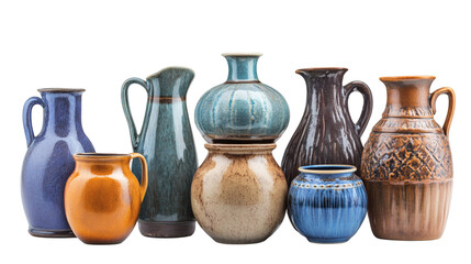 Set of various beautiful antique vintage jugs isolated on white background