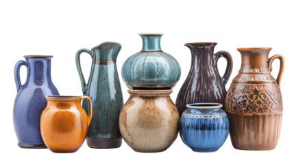 Set of various beautiful antique vintage jugs isolated on white background