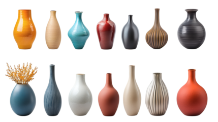 Set of various beautiful decorative designer vases isolated on white background