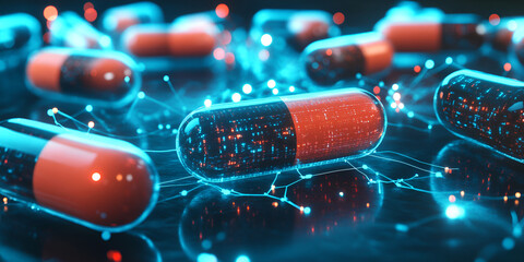 Glowing red and black capsules with digital network effects, futuristic pharmaceutical technology, 3D rendering of drug capsules with molecular network and glowing particles
