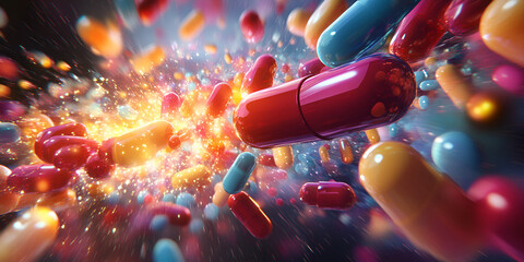 Exploding colorful capsules with glowing particles, showcasing future drug research, Capsules bursting with vibrant colors and digital effects in healthcare
