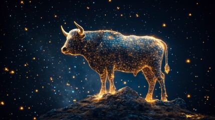 Fototapeta premium A glowing bull stands on a rocky surface against a starry background, representing a blend of nature and digital art.