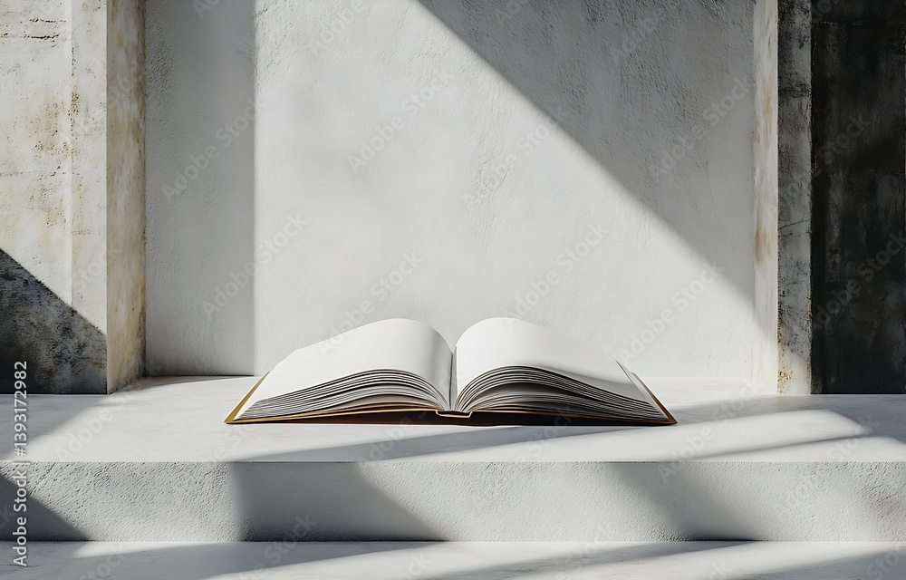 Leinwandbilder open book with blank pages on minimalist concrete background in soft sunlight revealing knowledge an