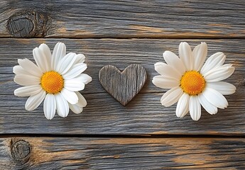 Obraz premium Charming daisies with a wooden heart on rustic background bringing nature indoors : Generative AI