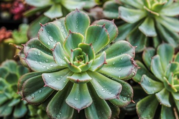 Fototapeta premium Fresh Echeveria Succulent Close Up With Water Droplets Sparkling In Garden