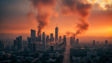 Dramatic City Skyline at Sunset with Towering Skyscrapers Silhouetted Against an Orange Sky, Filled with Thick Smoke and Haze, Ideal for Urban, Pollution, and Environmental Themes