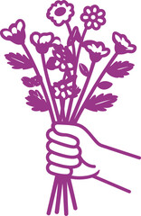 Purple Vector PNG Illustration of a Hand Holding a Bouquet of Stylized Flowers with Detailed Petals, Stems, and Leaves.