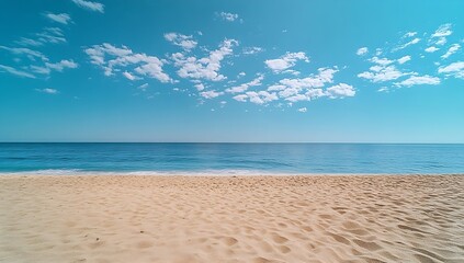 Fototapeta premium Serene Beach Landscape with Blue Sky Azure Water and Golden Sand Perfect for Summer Vacation and Relaxation Getaways : Generative AI