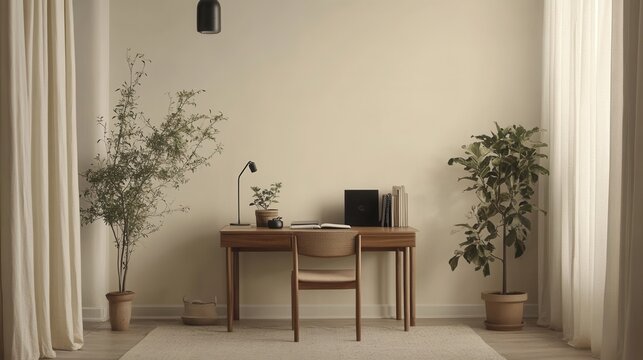 Warm, minimalist home office with a wooden desk, chair, and lush plants framed by sheer curtains. A calming, neutral aesthetic
