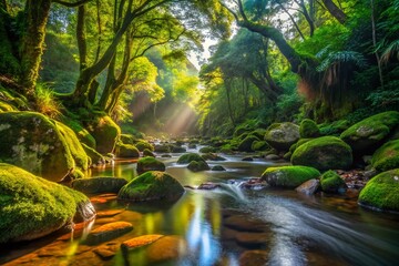 Thriving Rainforest River Crossing in Minas Gerais Brazil Lush Canopy and Rocky Riverbed