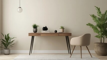 Minimalist home office with a wooden desk, chair, and lush green plants against a warm beige wall. Clean and inviting aesthetic