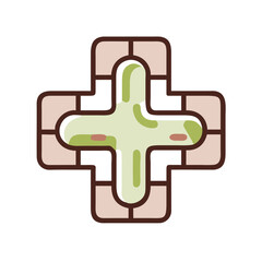 Flat vector icon of a medical cross symbol representing first aid, healthcare, or emergency services.