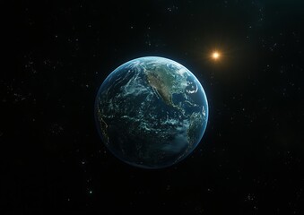 Fototapeta premium Aerial perspective of Earth with the sun illuminating the surface showcasing natural beauty : Generative AI