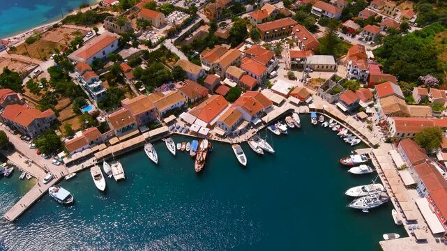 Aerial view of Fiscardo Stunning harbor village in Kefalonia, Greece