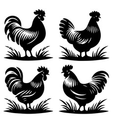Beautiful collection of Rooster silhouettes on white background