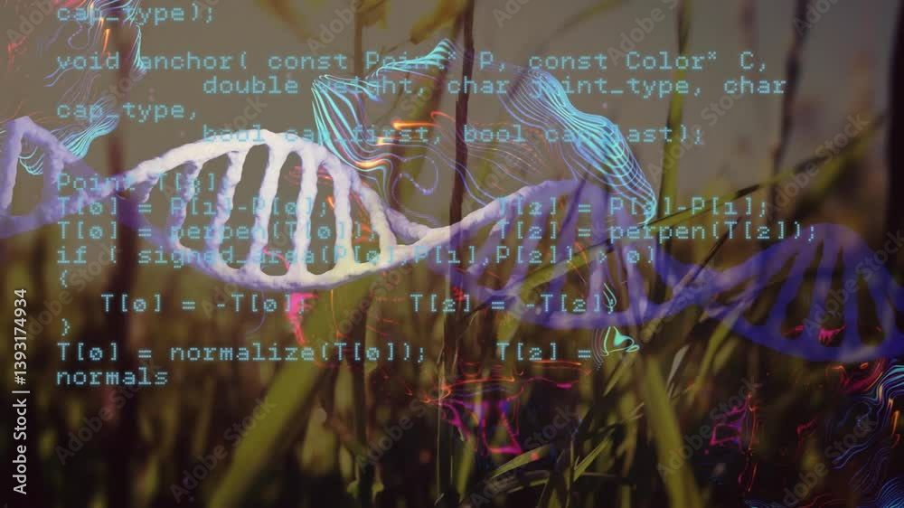 Poster animating dna strand and programming code over green grass background