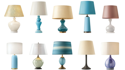 Set of various decorative bedside table lamps isolated on white background