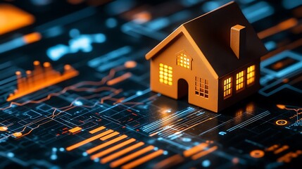 A house model sits on top of digital circuit data patterns