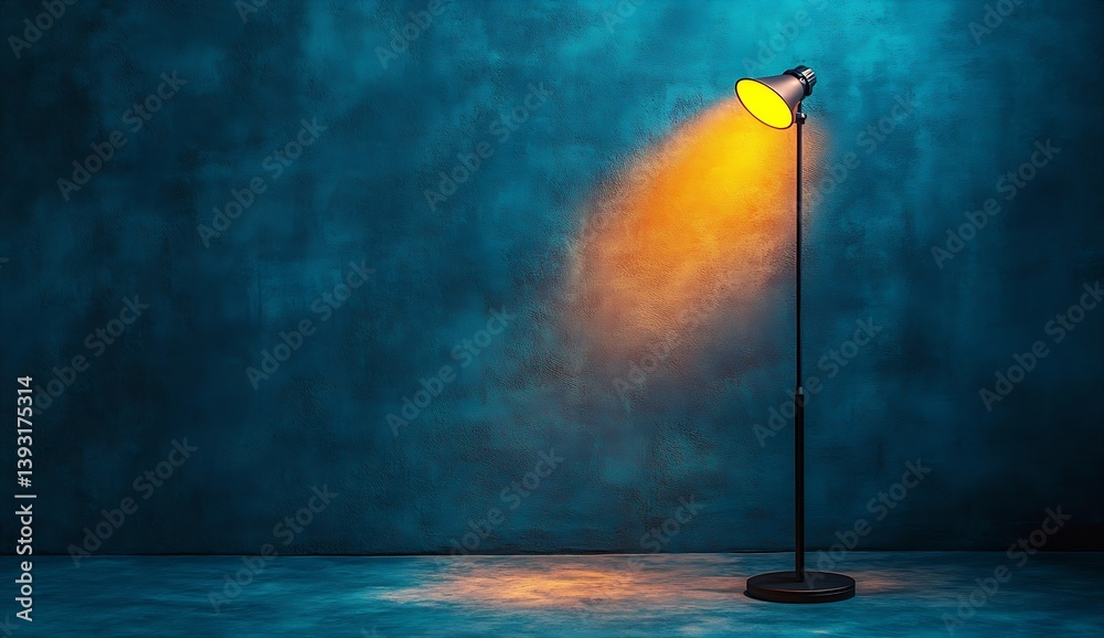 Poster vivid floor lamp shedding orange light against a solid blue wall creating a striking artistic effect
