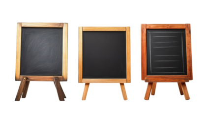 Set of various empty blank chalkboards with wooden stands isolated on white background