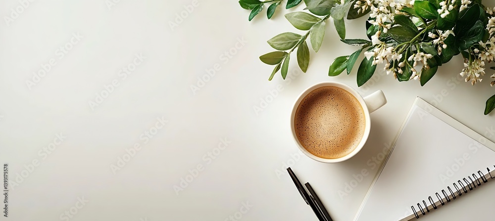 Poster Cozy Workspace Flat Lay with Coffee Notepad and Greenery for Business or Personal Use : Generative AI