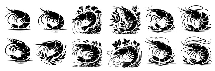 beautiful collection of shrimp silhouettes on white background