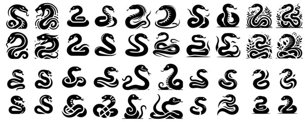 collection of venomous snake silhouettes with white background