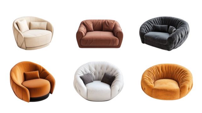 Set of various luxury modern round barrel sofa chair isolated on white background