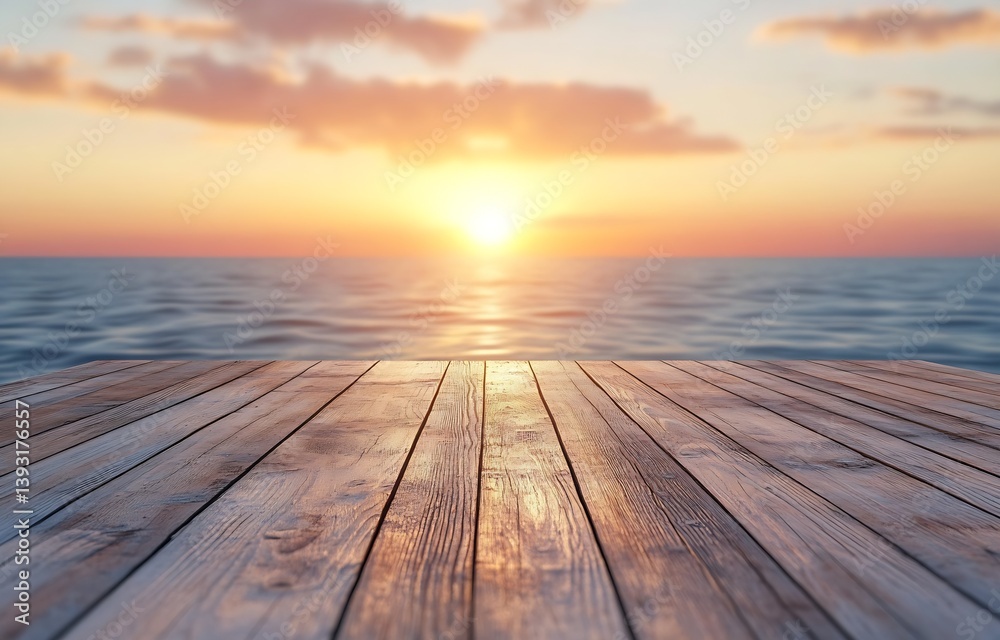 Poster beautiful sunset captured from a gorgeous wooden deck with shimmering ocean below and clouds above :