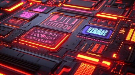 A close up view of digital circuit components glowing brightly
