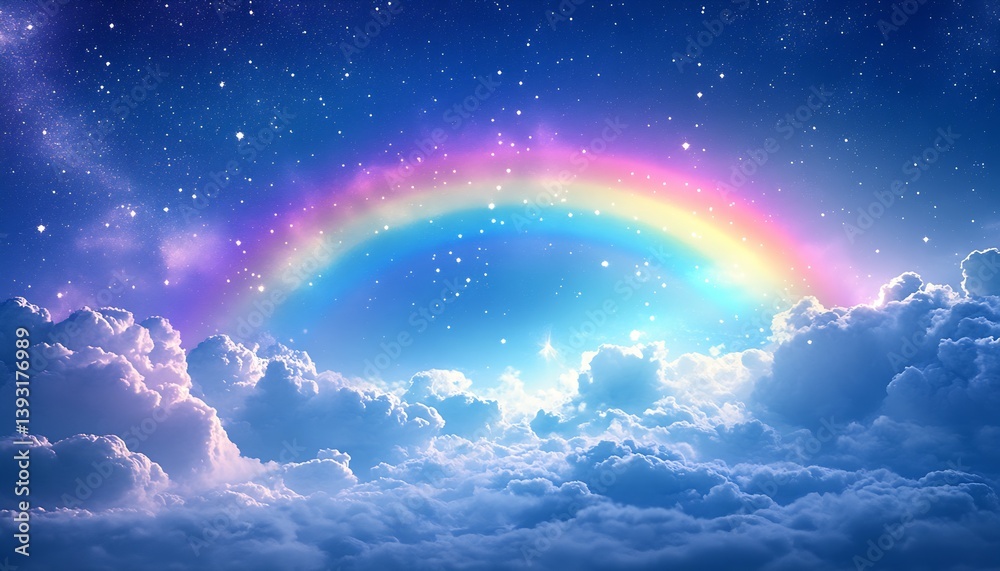 Poster a captivating digital depiction of a rainbow glowing beneath sparkling stars against a deep blue nig