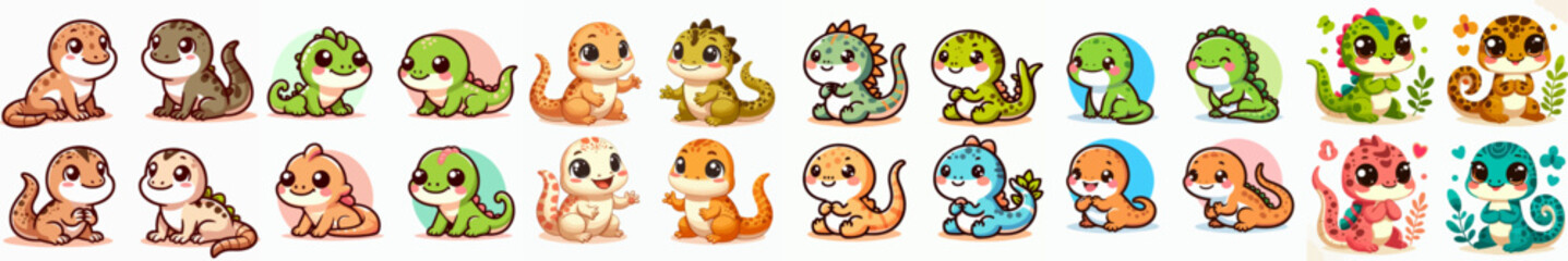 cute cartoon vector collection of chameleons, iguanas, lizards and geckos