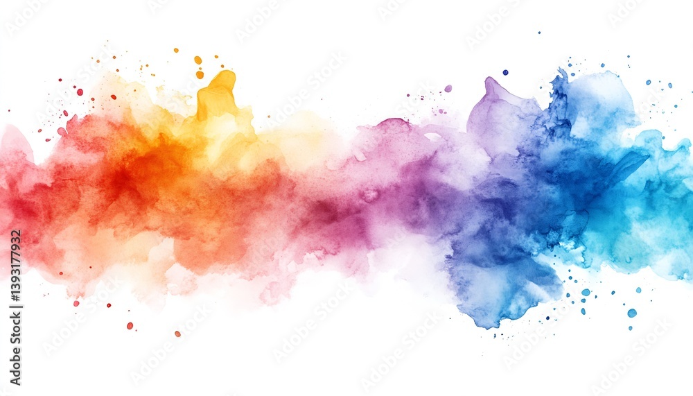 Poster vibrant watercolor splash showcasing vivid colors blending from orange to blue in a smooth gradient 