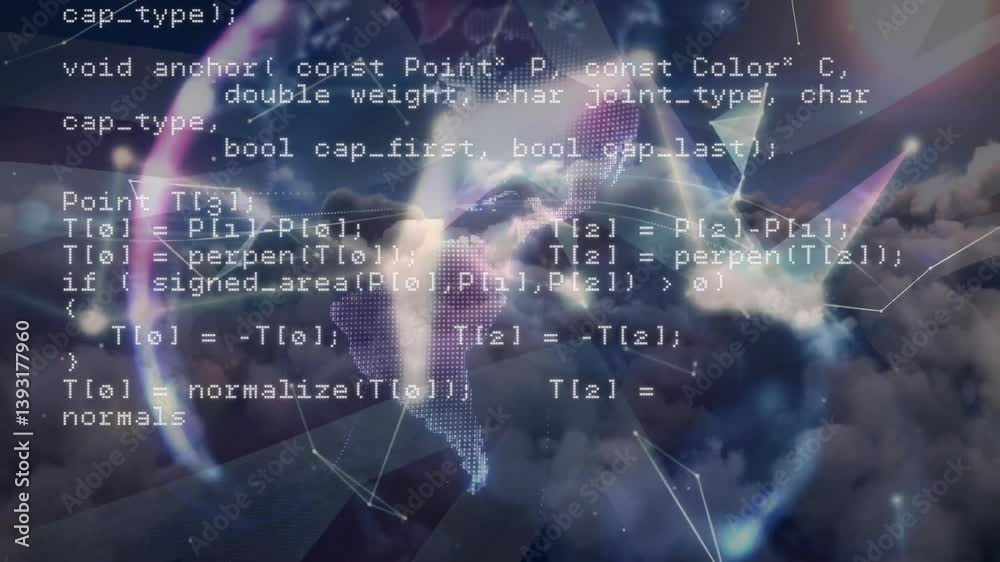 Poster animation of computer code overlaying digital network and data visualization in school