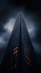 Towering skyscraper vanishing into a dark and cloudy night sky.